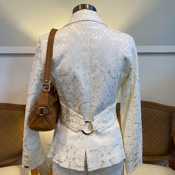 Cache Vintage 90s Y2K Elegant Brocade Cream Blazer and Flared Pants Set Size 6/8